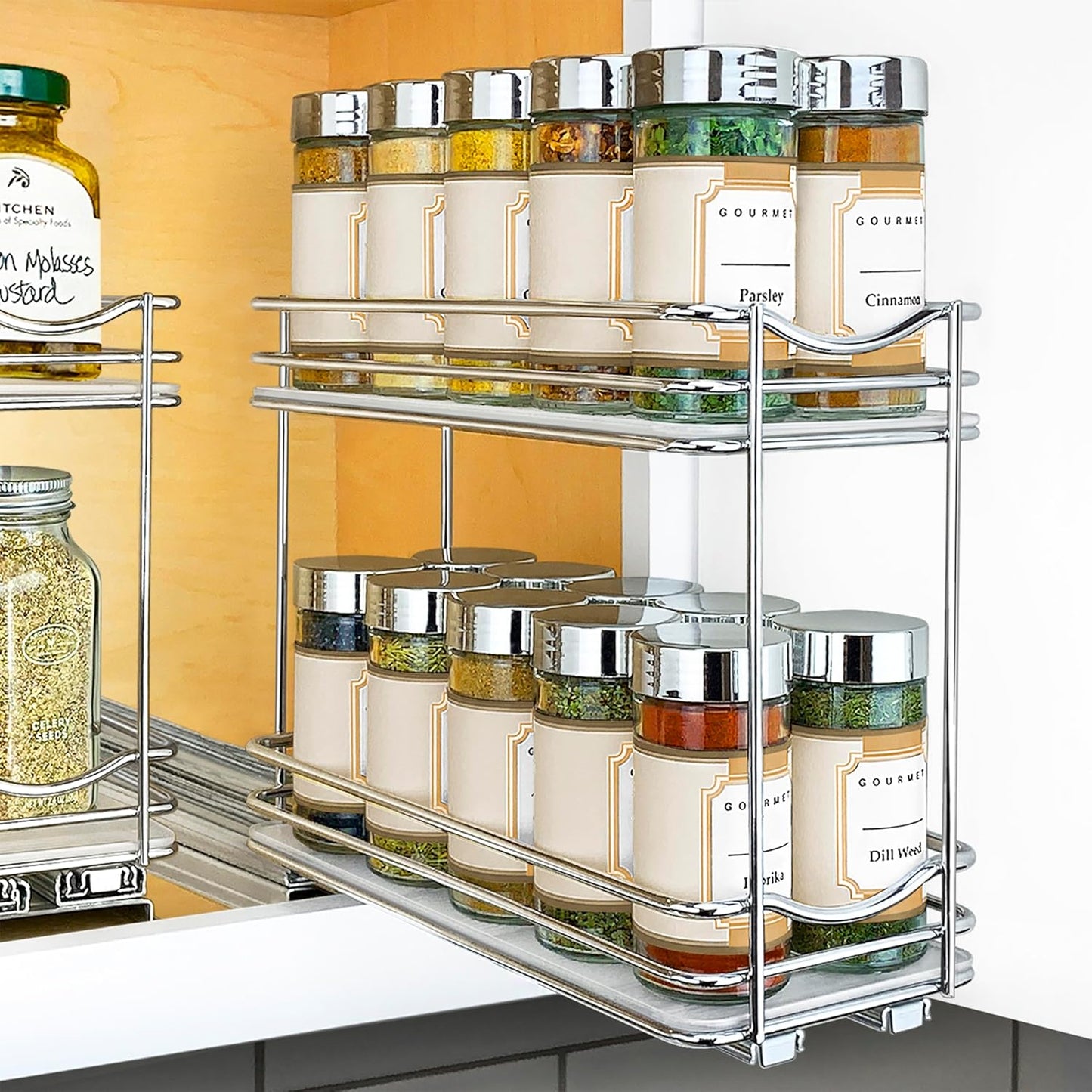 ® Pull Out Spice Organization for Cabinets - 4-3/8 inch Wide – Spice Rack for Inside Cabinets, Slide Out Spice Rack Organizer for cabinet – Pull Out Spice Rack, Sliding 2 Tier Chrome