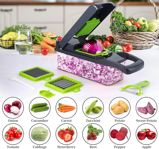 Vegetable Chopper 16-in-1 Pro Onion & Food Slicer Dicer Veggie Cutter with 11 Blades & Container Kitchen Utensil Set for Cooking & Meal Prep Useful Gadget for New Homeowners