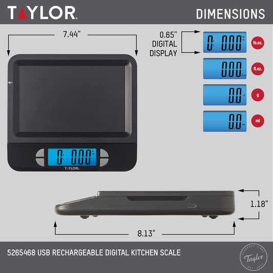 USB Rechargeable Digital Kitchen and Food Scale, 11 pound capacity with Dishwasher Safe Tray, Cord Included