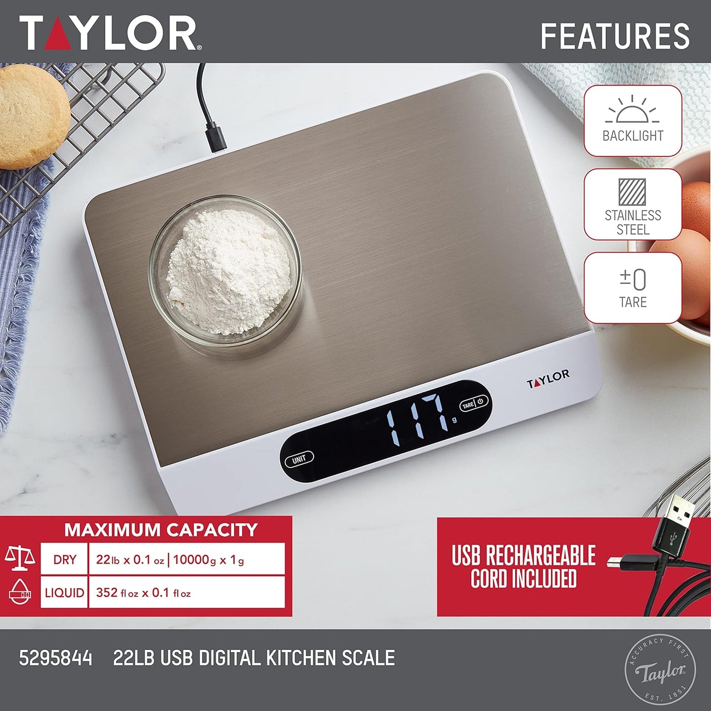 USB Rechargeable Digital Kitchen and Food Scale, 11 pound capacity with Dishwasher Safe Tray, Cord Included