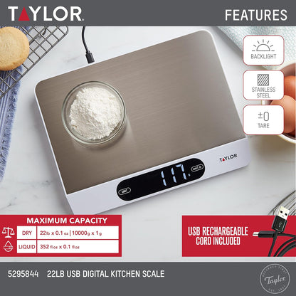USB Rechargeable Digital Kitchen and Food Scale, 11 pound capacity with Dishwasher Safe Tray, Cord Included