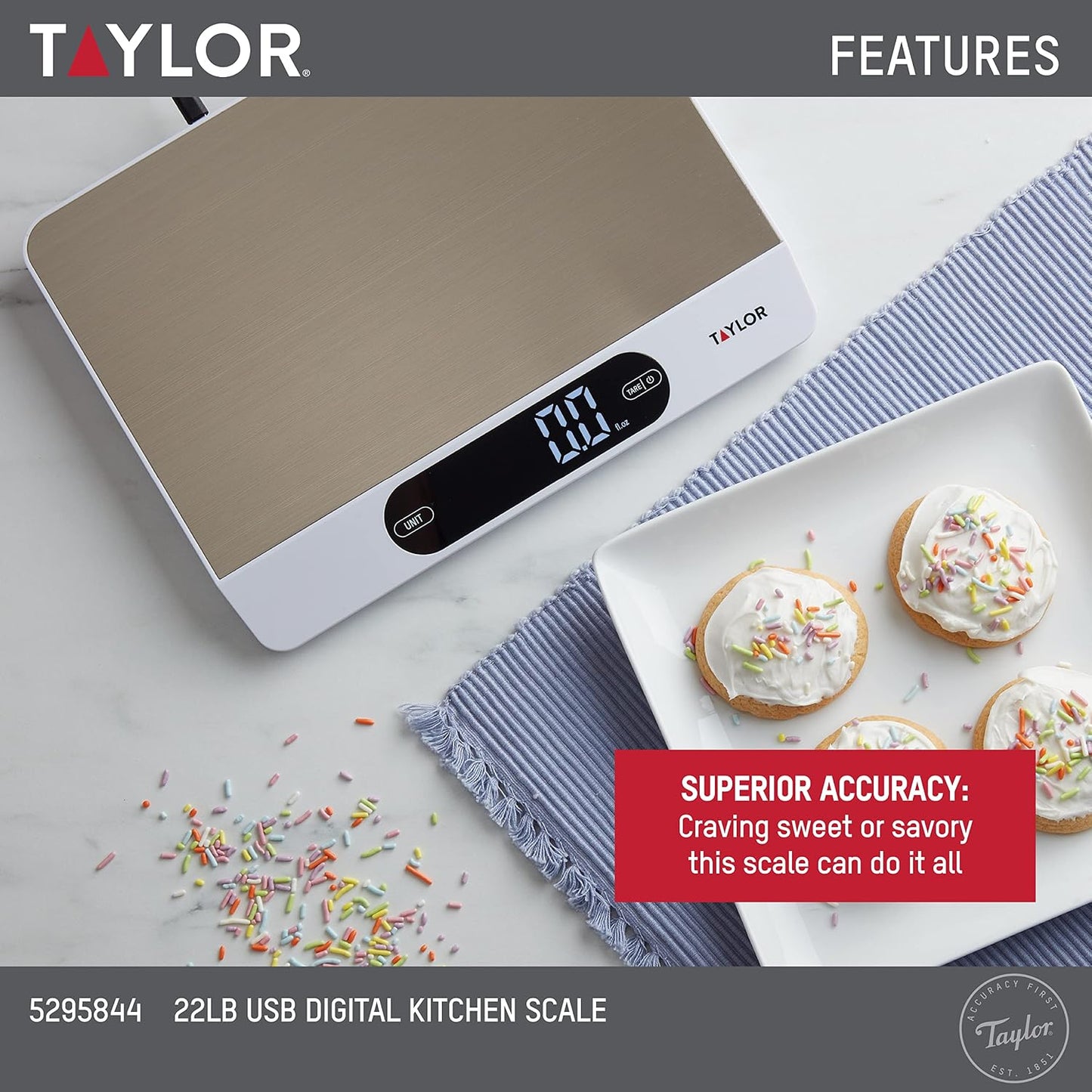 USB Rechargeable Digital Kitchen and Food Scale, 11 pound capacity with Dishwasher Safe Tray, Cord Included