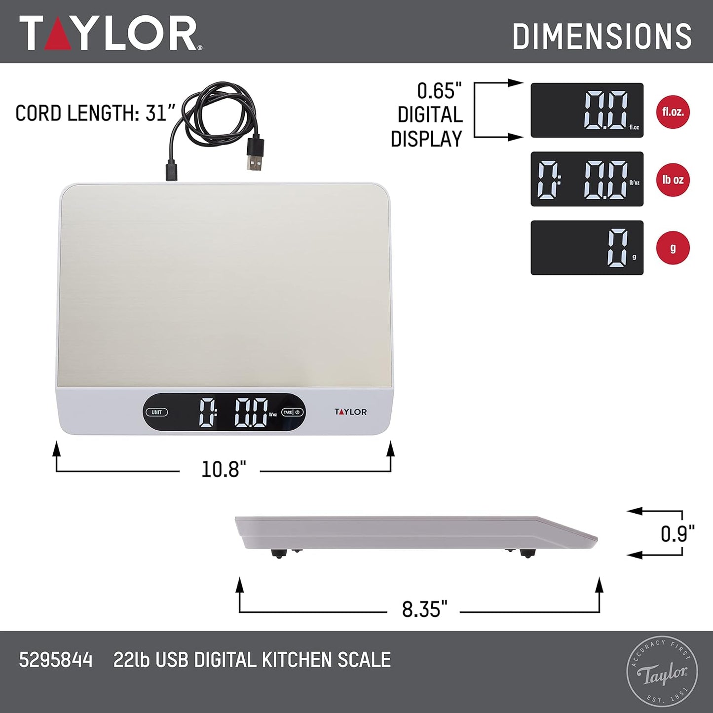 USB Rechargeable Digital Kitchen and Food Scale, 11 pound capacity with Dishwasher Safe Tray, Cord Included
