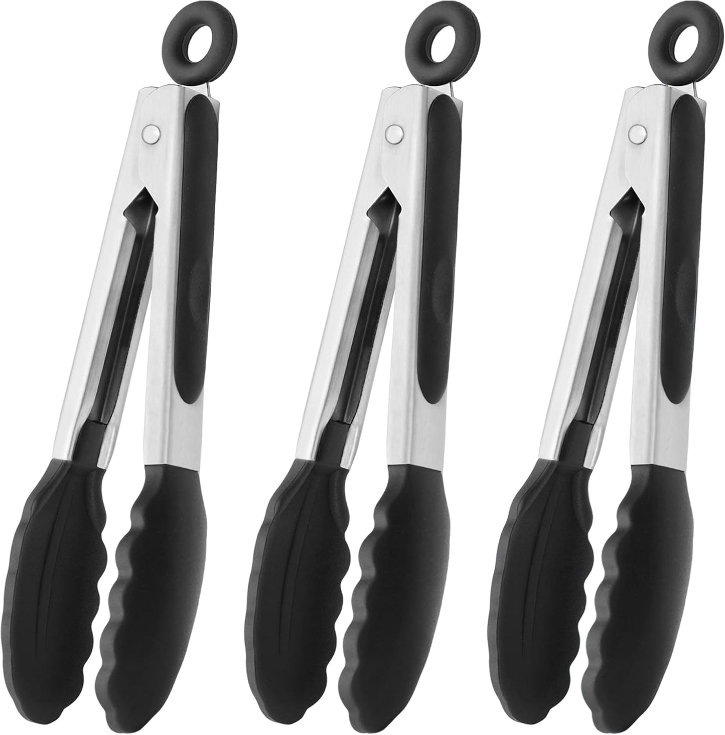Small Silicone Tongs 7-Inch Mini Serving Tongs, Set of 3 (Black Gray White)