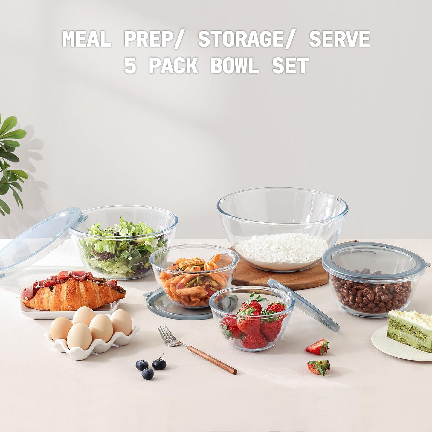 5pc Glass Mixing Bowls with Lids Set (4.65QT, 2.80QT, 1.64QT, 1.16QT, 0.85QT), Nesting Salad Bowl, Large Glass Mixing Bowl for Cooking, Baking, Prepping-Dishwasher Microwave Freezer Safe