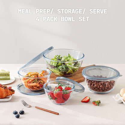 5pc Glass Mixing Bowls with Lids Set (4.65QT, 2.80QT, 1.64QT, 1.16QT, 0.85QT), Nesting Salad Bowl, Large Glass Mixing Bowl for Cooking, Baking, Prepping-Dishwasher Microwave Freezer Safe
