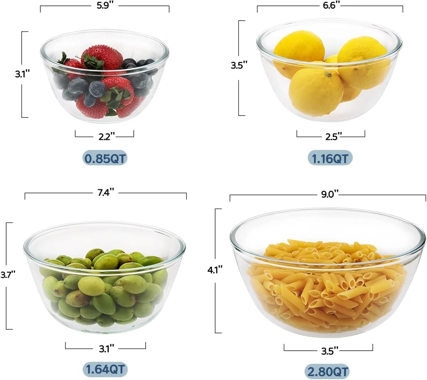 5pc Glass Mixing Bowls with Lids Set (4.65QT, 2.80QT, 1.64QT, 1.16QT, 0.85QT), Nesting Salad Bowl, Large Glass Mixing Bowl for Cooking, Baking, Prepping-Dishwasher Microwave Freezer Safe