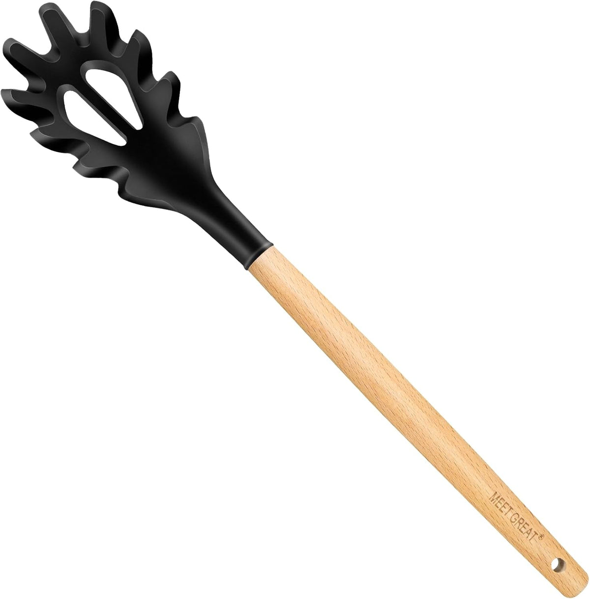 Premium Spaghetti Spoon Pasta Fork, Silicone Pasta Spoon with Teeth and Wood Handle, Non-Scratch Pasta Server for Spaghetti, Noodles, and All Pasta Types
