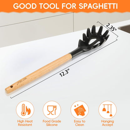 Premium Spaghetti Spoon Pasta Fork, Silicone Pasta Spoon with Teeth and Wood Handle, Non-Scratch Pasta Server for Spaghetti, Noodles, and All Pasta Types