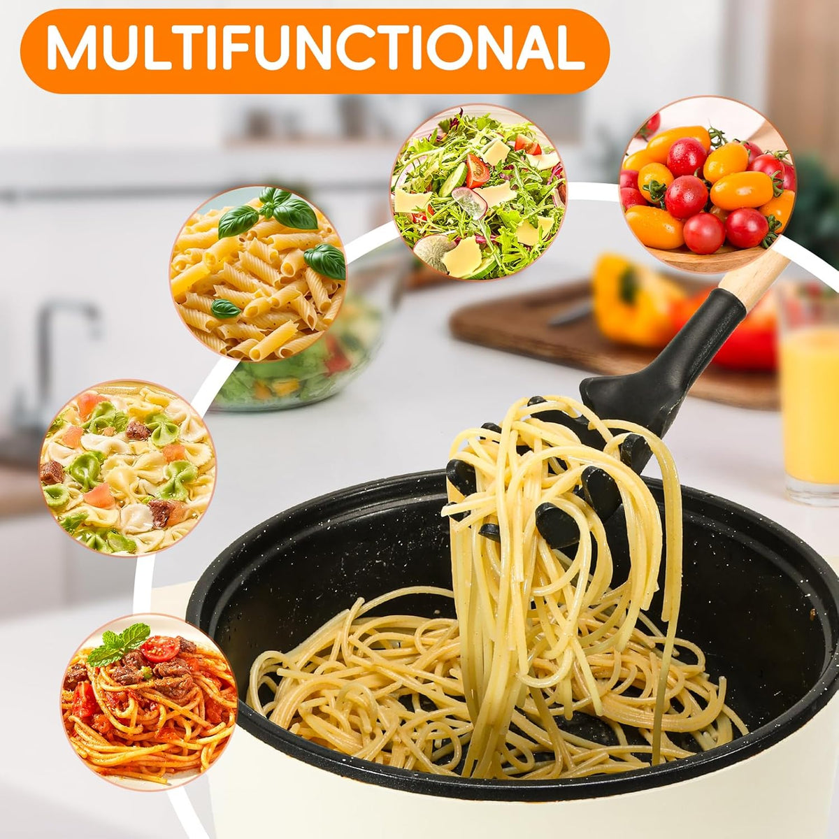 Premium Spaghetti Spoon Pasta Fork, Silicone Pasta Spoon with Teeth and Wood Handle, Non-Scratch Pasta Server for Spaghetti, Noodles, and All Pasta Types