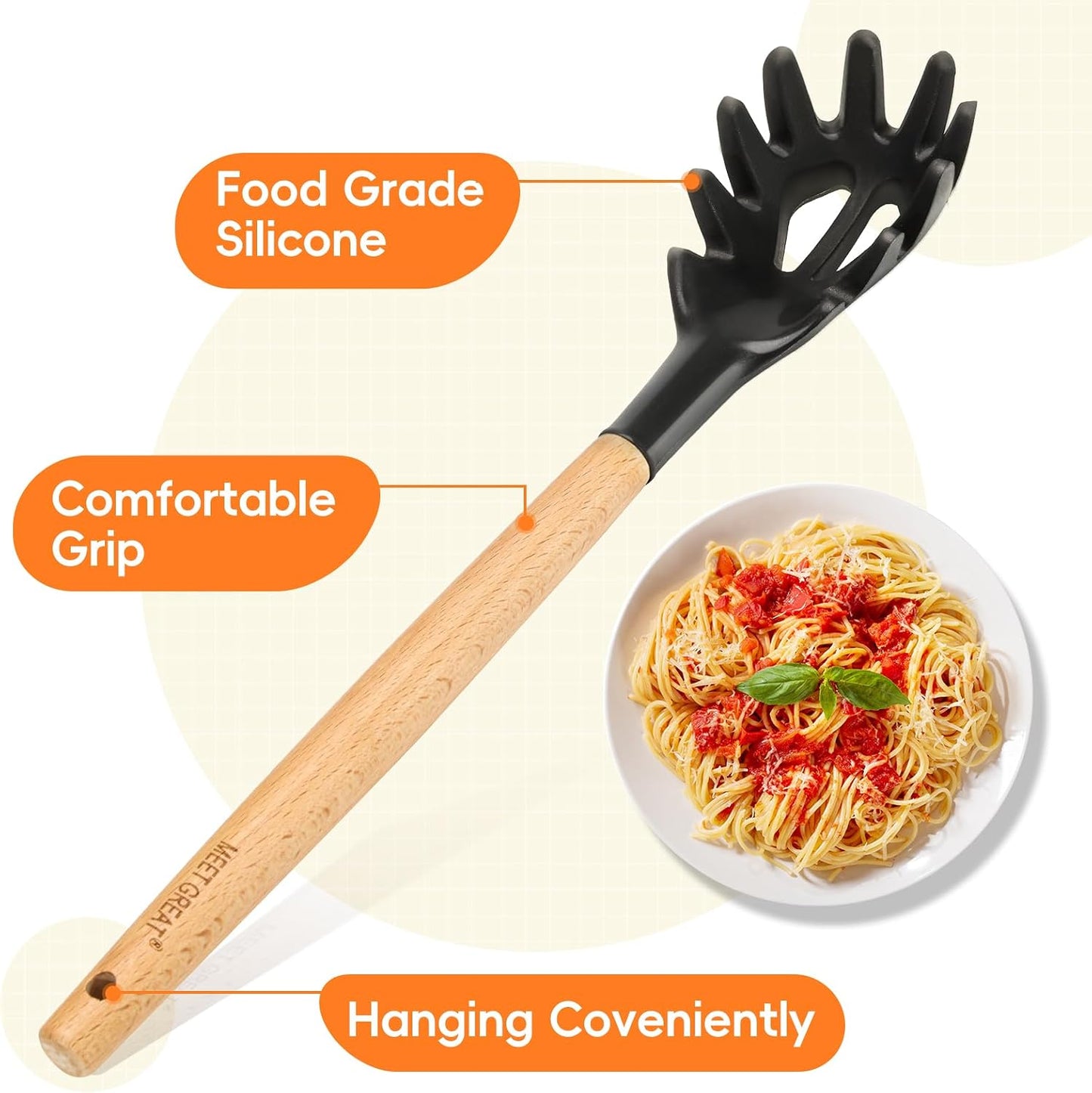 Premium Spaghetti Spoon Pasta Fork, Silicone Pasta Spoon with Teeth and Wood Handle, Non-Scratch Pasta Server for Spaghetti, Noodles, and All Pasta Types