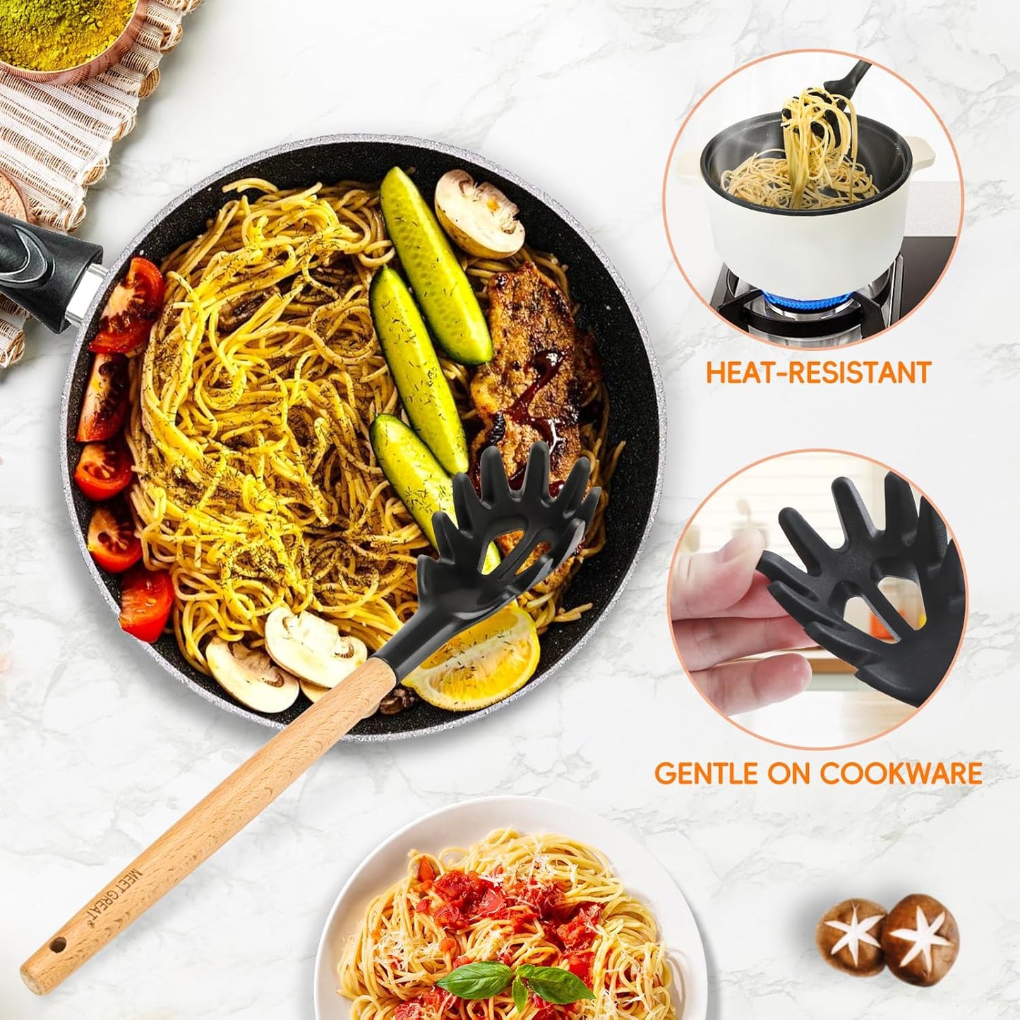 Premium Spaghetti Spoon Pasta Fork, Silicone Pasta Spoon with Teeth and Wood Handle, Non-Scratch Pasta Server for Spaghetti, Noodles, and All Pasta Types