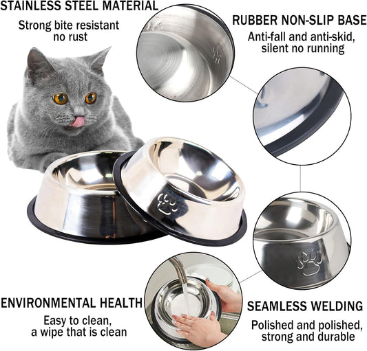 Stainless Steel Dog Cat Bowl with Rubber Base 4 Pack Pet Feeder and Water Bowls Stackable Non-Slip Puppy Dishes for Small Medium Animals Kitten Rabbit