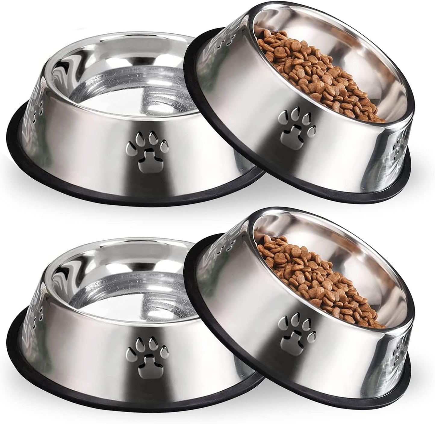 Stainless Steel Dog Cat Bowl with Rubber Base 4 Pack Pet Feeder and Water Bowls Stackable Non-Slip Puppy Dishes for Small Medium Animals Kitten Rabbit