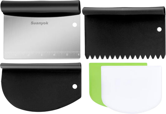 Bench Dough Cutter-Flexible Plastic Bowl Scraper Kitchen Tool,Black | Bread/Pastry/Pizza/Flour/Cheese/Food/Vegetable Chopper,Stainless Steel,5-Piece Set,Dishwasher Safe