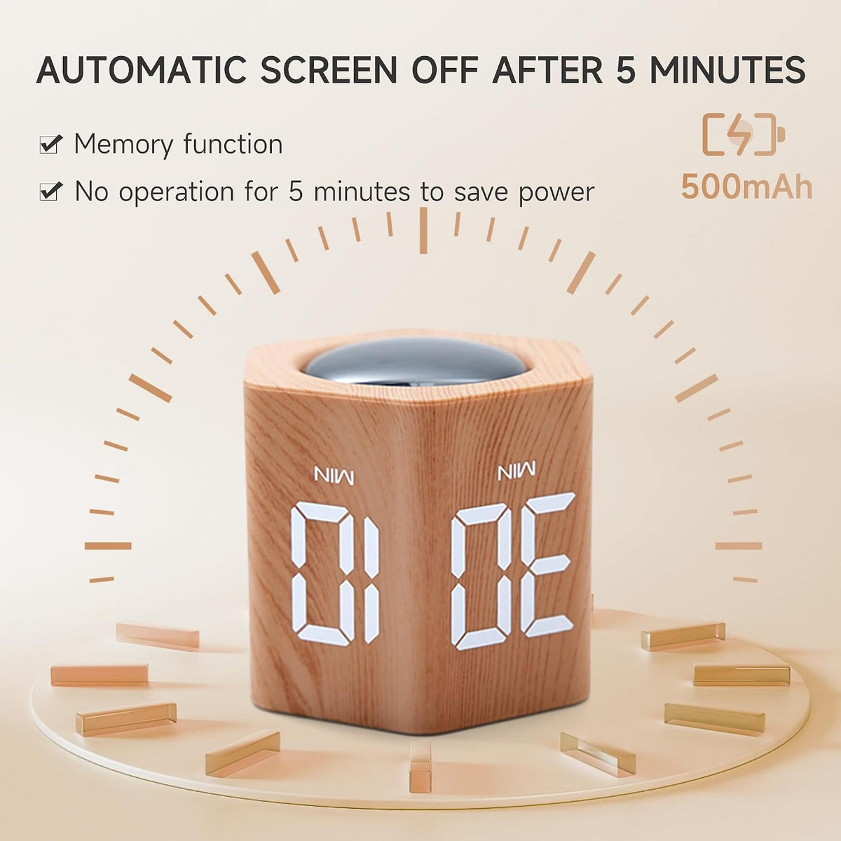 Productivity Cube Timer, 1/5/10/30/60 Min Presets, Wood Grain Finish