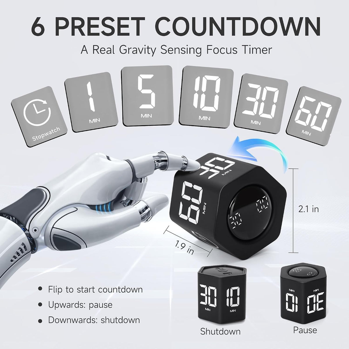 Productivity Cube Timer, 1/5/10/30/60 Min Presets, Wood Grain Finish