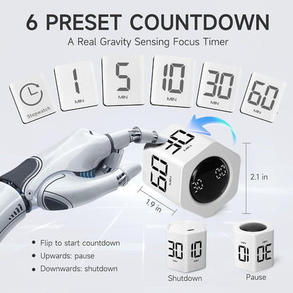 Productivity Cube Timer, 1/5/10/30/60 Min Presets, Wood Grain Finish