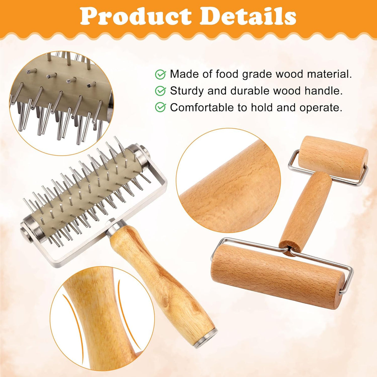 2 Packs Pizza Dough Roller & Dough Docker Kit Wooden Rolling Pin for Baking