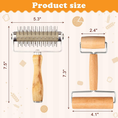 2 Packs Pizza Dough Roller & Dough Docker Kit Wooden Rolling Pin for Baking