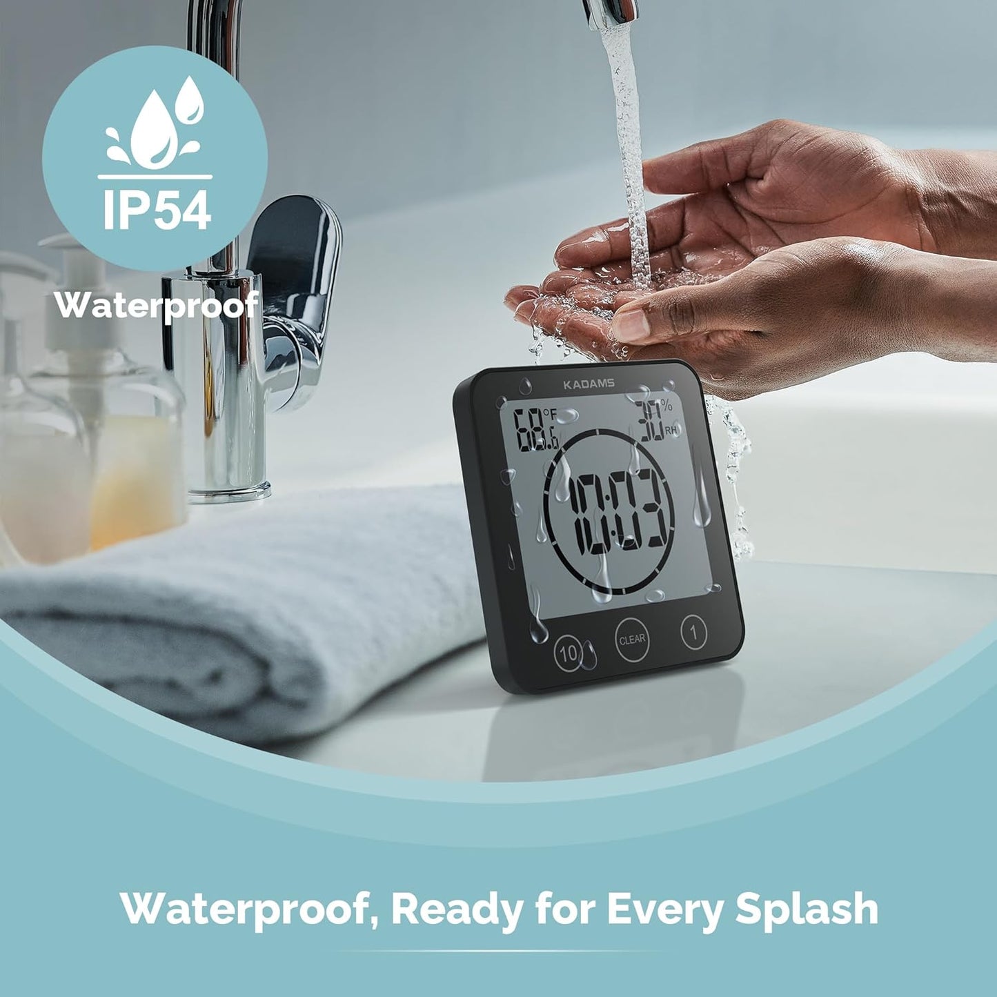 Shower Clock Waterproof Bathroom Timer – Digital Wall Clock with Countdown, Magnetic Kitchen Clock with Temperature & Humidity, Suction Cup for Kids Shower Spa Cook Bath (Black)