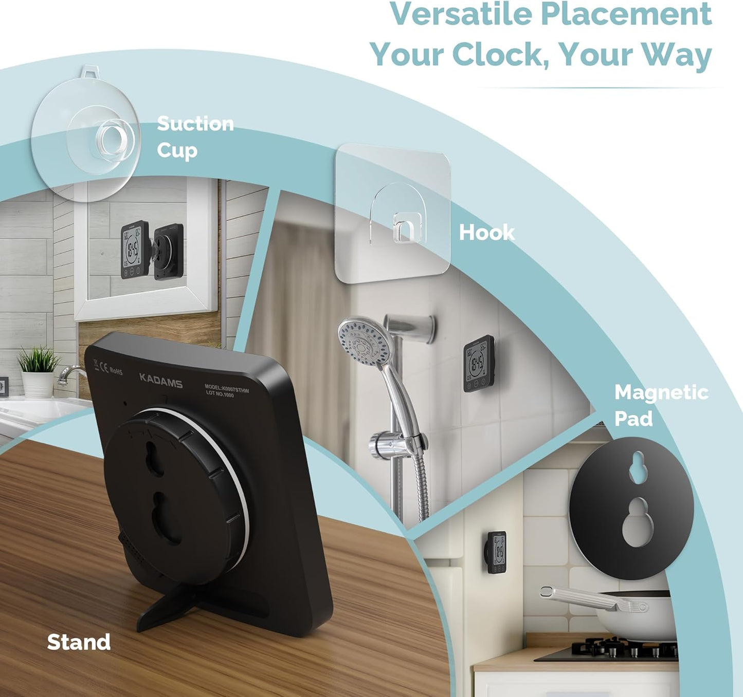Shower Clock Waterproof Bathroom Timer – Digital Wall Clock with Countdown, Magnetic Kitchen Clock with Temperature & Humidity, Suction Cup for Kids Shower Spa Cook Bath (Black)