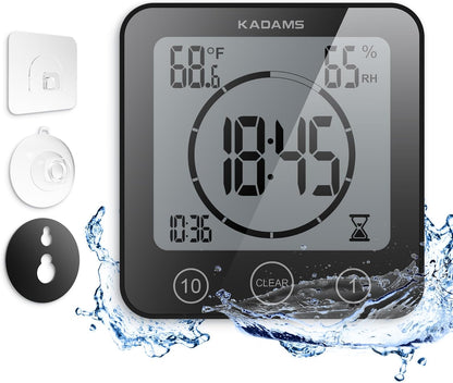 Shower Clock Waterproof Bathroom Timer – Digital Wall Clock with Countdown, Magnetic Kitchen Clock with Temperature & Humidity, Suction Cup for Kids Shower Spa Cook Bath (Black)
