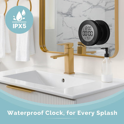 Shower Clock Waterproof Bathroom Timer – Digital Wall Clock with Countdown, Magnetic Kitchen Clock with Temperature & Humidity, Suction Cup for Kids Shower Spa Cook Bath (Black)