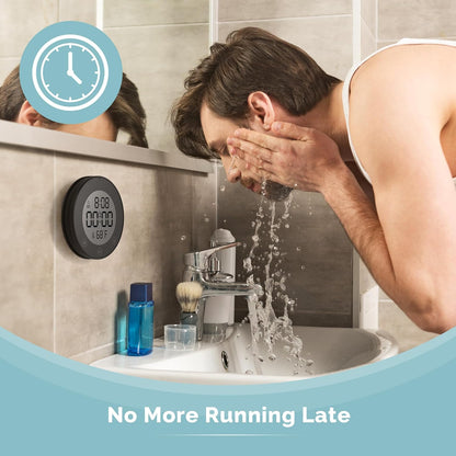 Shower Clock Waterproof Bathroom Timer – Digital Wall Clock with Countdown, Magnetic Kitchen Clock with Temperature & Humidity, Suction Cup for Kids Shower Spa Cook Bath (Black)
