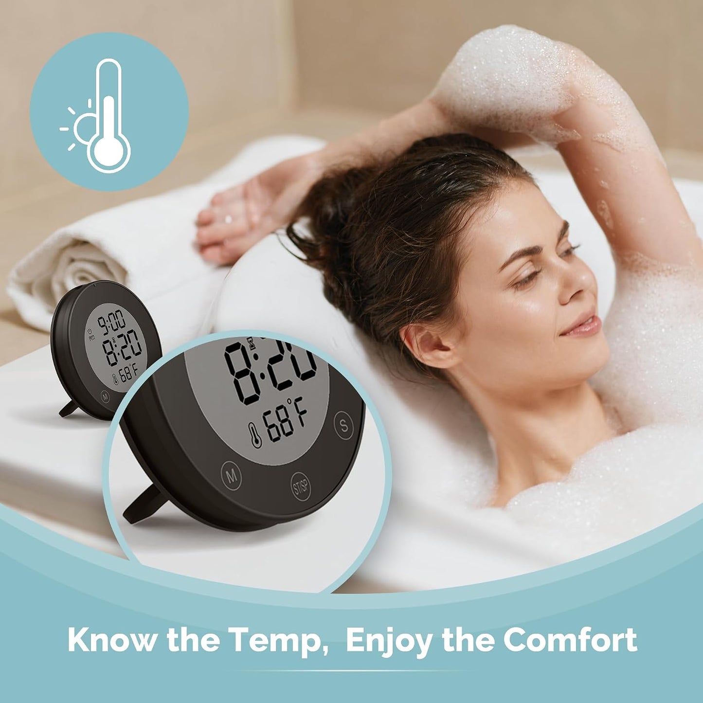Shower Clock Waterproof Bathroom Timer – Digital Wall Clock with Countdown, Magnetic Kitchen Clock with Temperature & Humidity, Suction Cup for Kids Shower Spa Cook Bath (Black)