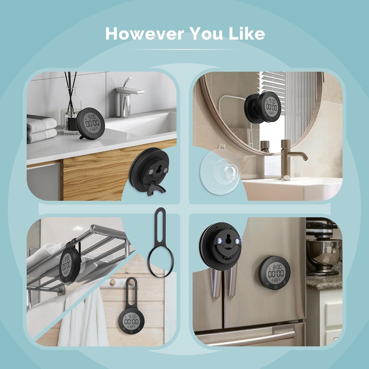 Shower Clock Waterproof Bathroom Timer – Digital Wall Clock with Countdown, Magnetic Kitchen Clock with Temperature & Humidity, Suction Cup for Kids Shower Spa Cook Bath (Black)