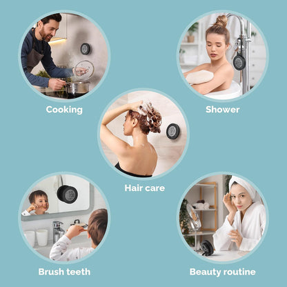 Shower Clock Waterproof Bathroom Timer – Digital Wall Clock with Countdown, Magnetic Kitchen Clock with Temperature & Humidity, Suction Cup for Kids Shower Spa Cook Bath (Black)