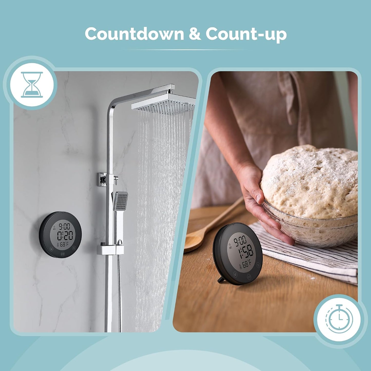Shower Clock Waterproof Bathroom Timer – Digital Wall Clock with Countdown, Magnetic Kitchen Clock with Temperature & Humidity, Suction Cup for Kids Shower Spa Cook Bath (Black)