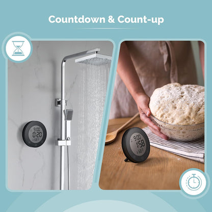 Shower Clock Waterproof Bathroom Timer – Digital Wall Clock with Countdown, Magnetic Kitchen Clock with Temperature & Humidity, Suction Cup for Kids Shower Spa Cook Bath (Black)