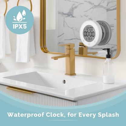 Shower Clock Waterproof Bathroom Timer – Digital Wall Clock with Countdown, Magnetic Kitchen Clock with Temperature & Humidity, Suction Cup for Kids Shower Spa Cook Bath (Black)