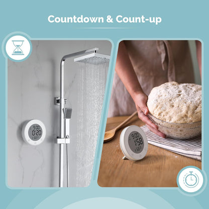 Shower Clock Waterproof Bathroom Timer – Digital Wall Clock with Countdown, Magnetic Kitchen Clock with Temperature & Humidity, Suction Cup for Kids Shower Spa Cook Bath (Black)