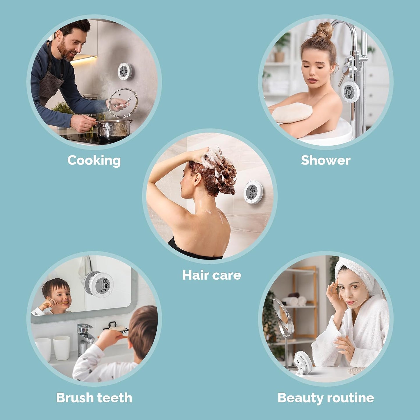 Shower Clock Waterproof Bathroom Timer – Digital Wall Clock with Countdown, Magnetic Kitchen Clock with Temperature & Humidity, Suction Cup for Kids Shower Spa Cook Bath (Black)