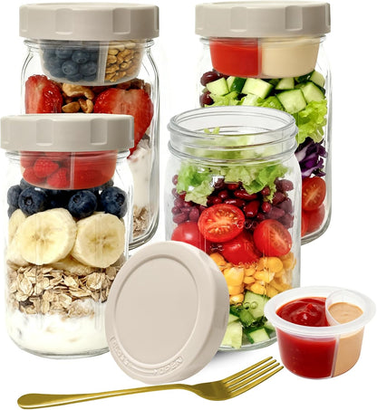 4 Pack Glass Salad Jars with Lids,32oz Mason Jars for Meal Prep,Leakproof Lunch Container with Two Small Built-in Boxes for Wet/Dry Separation of Salad Dressing and Dry Ingredients( Apricot White)