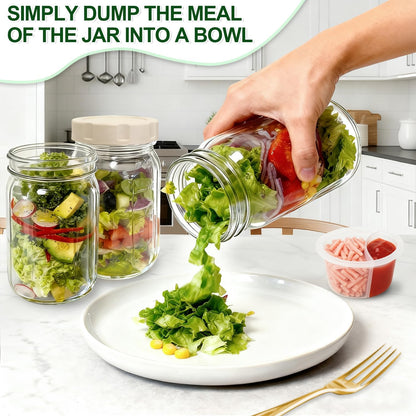 4 Pack Glass Salad Jars with Lids,32oz Mason Jars for Meal Prep,Leakproof Lunch Container with Two Small Built-in Boxes for Wet/Dry Separation of Salad Dressing and Dry Ingredients( Apricot White)