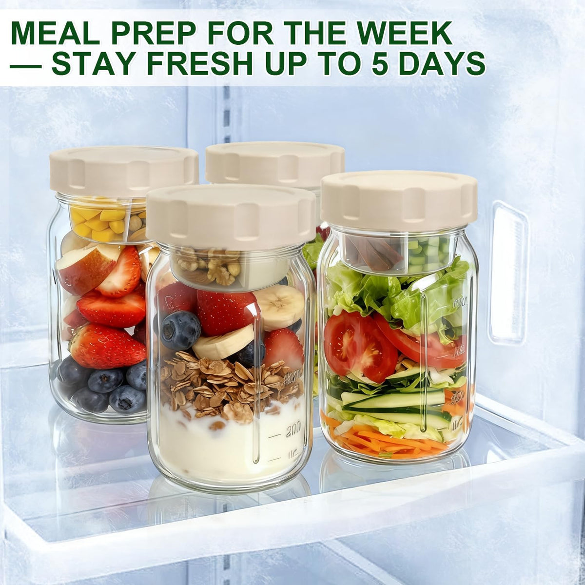 4 Pack Glass Salad Jars with Lids,32oz Mason Jars for Meal Prep,Leakproof Lunch Container with Two Small Built-in Boxes for Wet/Dry Separation of Salad Dressing and Dry Ingredients( Apricot White)