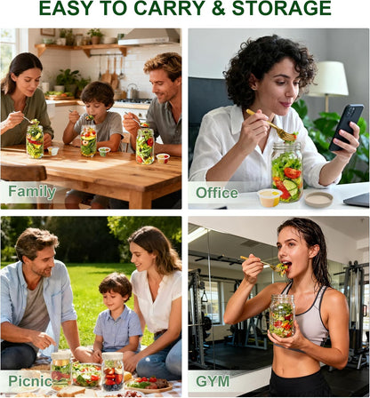 4 Pack Glass Salad Jars with Lids,32oz Mason Jars for Meal Prep,Leakproof Lunch Container with Two Small Built-in Boxes for Wet/Dry Separation of Salad Dressing and Dry Ingredients( Apricot White)