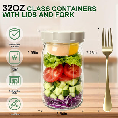4 Pack Glass Salad Jars with Lids,32oz Mason Jars for Meal Prep,Leakproof Lunch Container with Two Small Built-in Boxes for Wet/Dry Separation of Salad Dressing and Dry Ingredients( Apricot White)