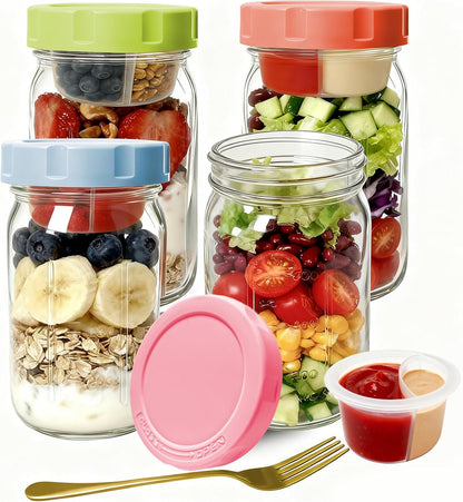4 Pack Glass Salad Jars with Lids,32oz Mason Jars for Meal Prep,Leakproof Lunch Container with Two Small Built-in Boxes for Wet/Dry Separation of Salad Dressing and Dry Ingredients( Apricot White)
