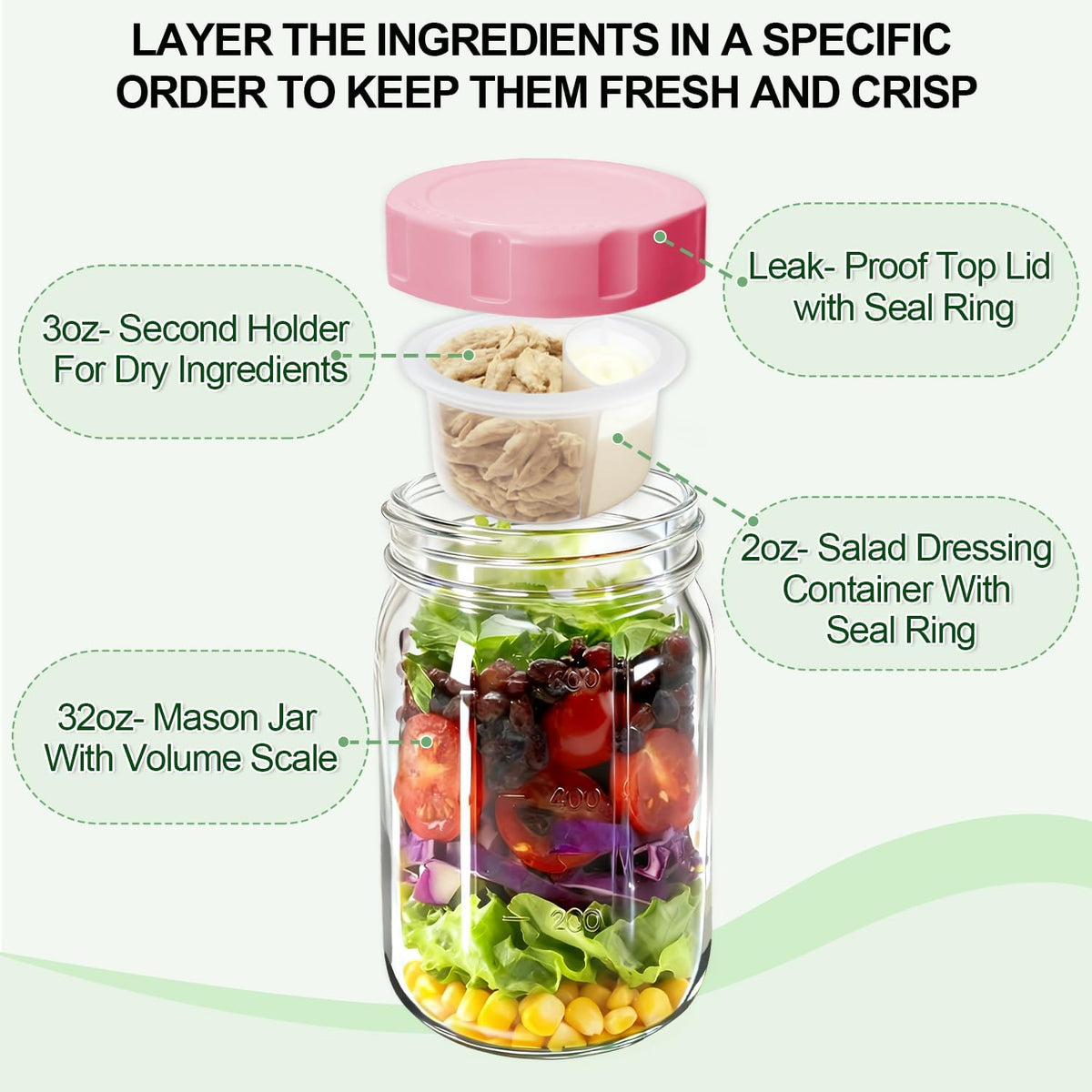 4 Pack Glass Salad Jars with Lids,32oz Mason Jars for Meal Prep,Leakproof Lunch Container with Two Small Built-in Boxes for Wet/Dry Separation of Salad Dressing and Dry Ingredients( Apricot White)