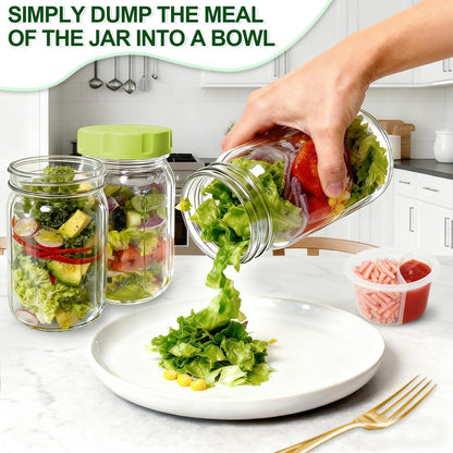 4 Pack Glass Salad Jars with Lids,32oz Mason Jars for Meal Prep,Leakproof Lunch Container with Two Small Built-in Boxes for Wet/Dry Separation of Salad Dressing and Dry Ingredients( Apricot White)
