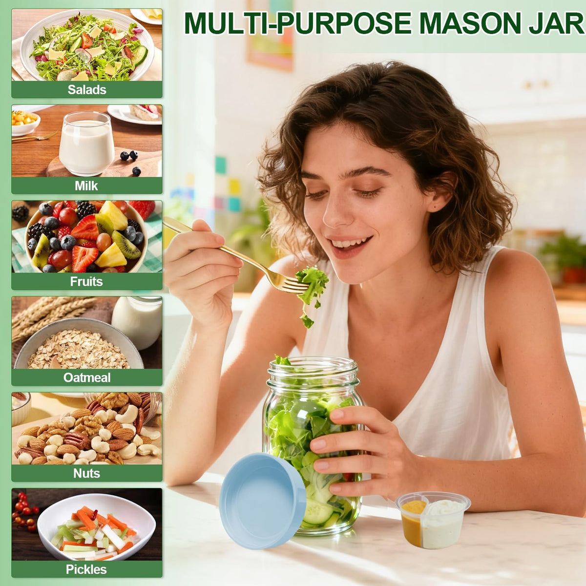 4 Pack Glass Salad Jars with Lids,32oz Mason Jars for Meal Prep,Leakproof Lunch Container with Two Small Built-in Boxes for Wet/Dry Separation of Salad Dressing and Dry Ingredients( Apricot White)