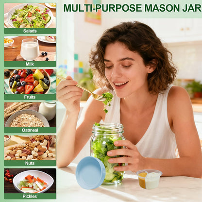 4 Pack Glass Salad Jars with Lids,32oz Mason Jars for Meal Prep,Leakproof Lunch Container with Two Small Built-in Boxes for Wet/Dry Separation of Salad Dressing and Dry Ingredients( Apricot White)