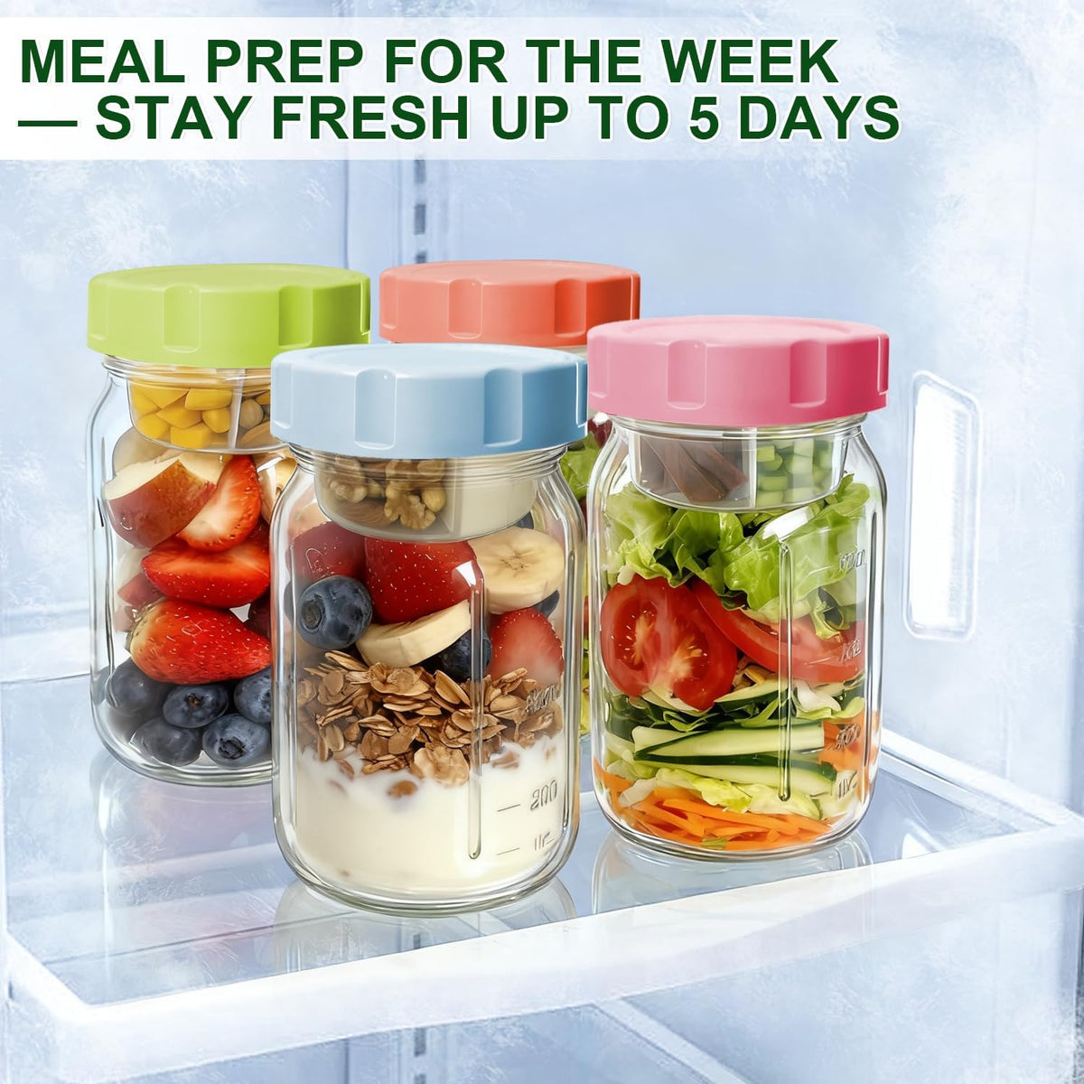 4 Pack Glass Salad Jars with Lids,32oz Mason Jars for Meal Prep,Leakproof Lunch Container with Two Small Built-in Boxes for Wet/Dry Separation of Salad Dressing and Dry Ingredients( Apricot White)