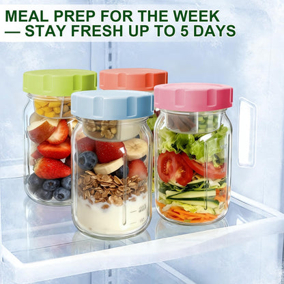 4 Pack Glass Salad Jars with Lids,32oz Mason Jars for Meal Prep,Leakproof Lunch Container with Two Small Built-in Boxes for Wet/Dry Separation of Salad Dressing and Dry Ingredients( Apricot White)