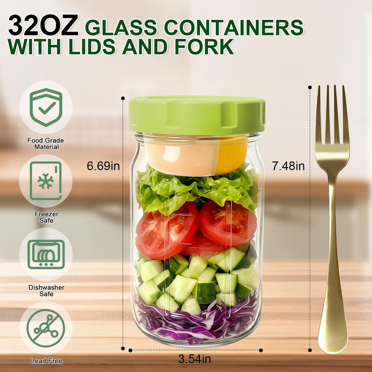 4 Pack Glass Salad Jars with Lids,32oz Mason Jars for Meal Prep,Leakproof Lunch Container with Two Small Built-in Boxes for Wet/Dry Separation of Salad Dressing and Dry Ingredients( Apricot White)